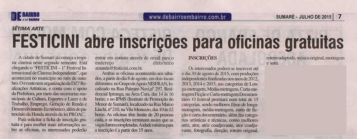 Festicini abre inscrições para oficinas gratuitas